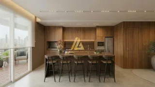 Cozinha moderna com ilha e vista panorâmica da cidade.