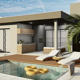 Foto da piscina externa com deck de madeira em uma residência.