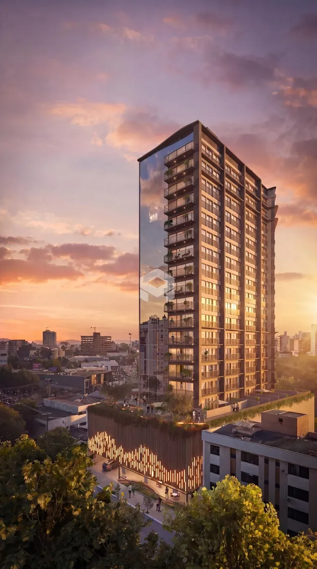 Fachada de um edifício residencial em Lajeado, Brasil, ao pôr do sol.