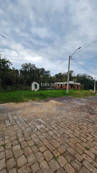 Vista externa de uma propriedade com pavimentação de paralelepípedos e vegetação ao fundo.