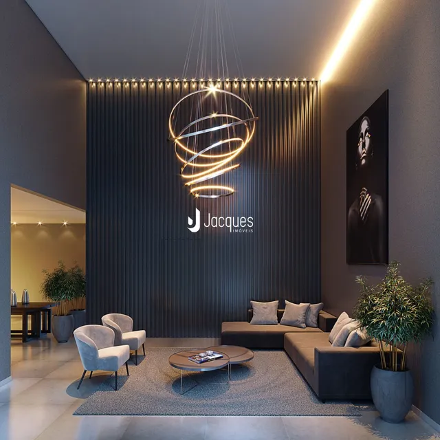 Sala de estar moderna com sofá e poltronas em um ambiente bem iluminado.