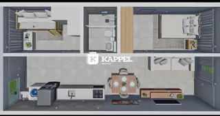 Quarto moderno com cama e armário em um apartamento.