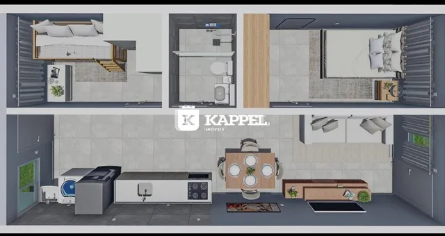 Quarto moderno com cama e armário em um apartamento.