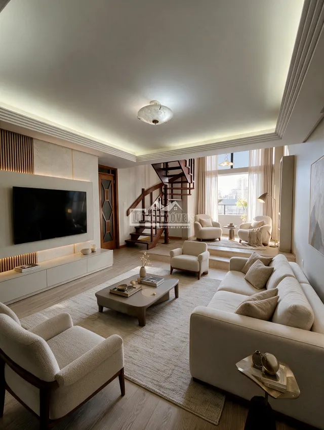 Sala de estar moderna com sofá e decoração clara.