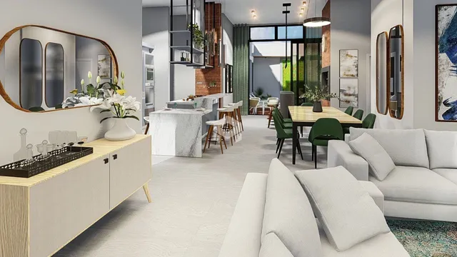 Imagem de um ambiente moderno com sala de estar e jantar em Lajeado.