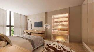 Quarto com cama e estante de madeira em ambiente claro.