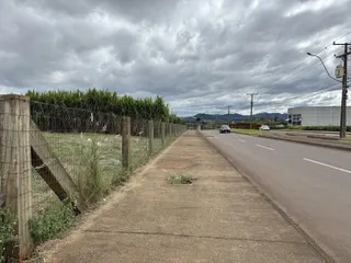 Vista lateral de uma estrada com cerca de madeira e vegetação ao lado.
