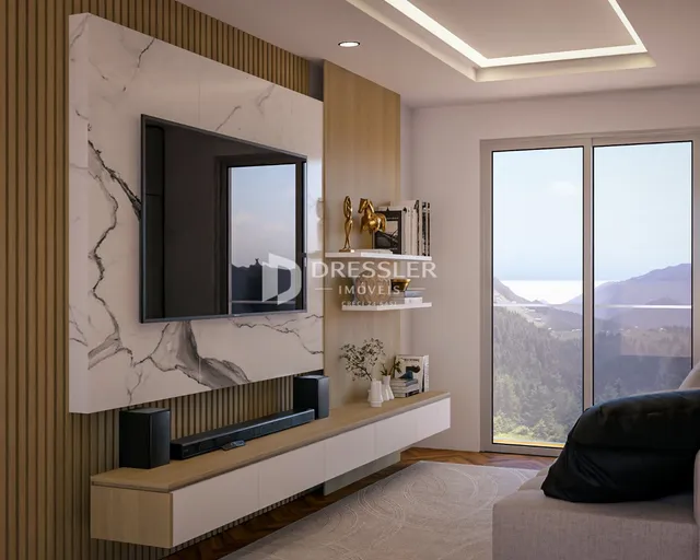 Sala de estar moderna com parede de mármore e vista para a paisagem.