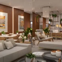 Sala de estar moderna com sofá e decoração.