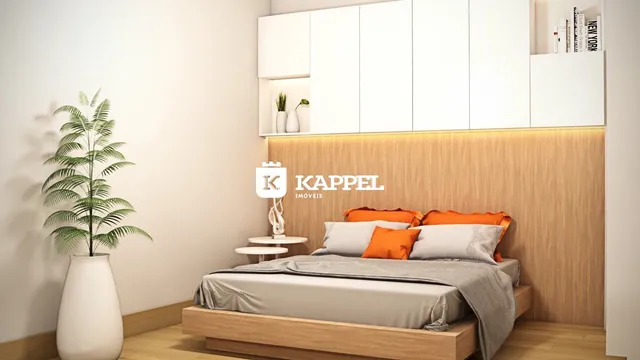 Foto de um quarto com cama e cabeceira de madeira em um imóvel.