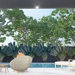 Vista externa com vegetação densa e mobiliário ao ar livre.