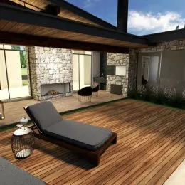 Deck de madeira externa com piso de tábuas no imóvel em Lajeado.