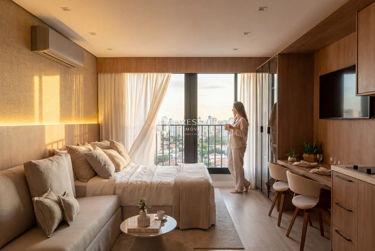 Quarto moderno com vista para a cidade em Lajeado, Brasil.