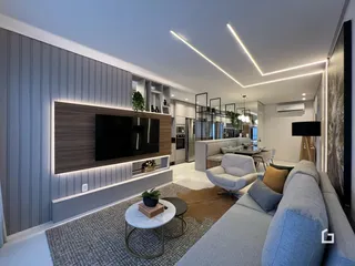 Sala de estar moderna com decoração contemporânea em um apartamento no Brasil.