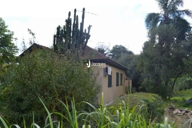 Vista externa de uma casa cercada por vegetação densa.