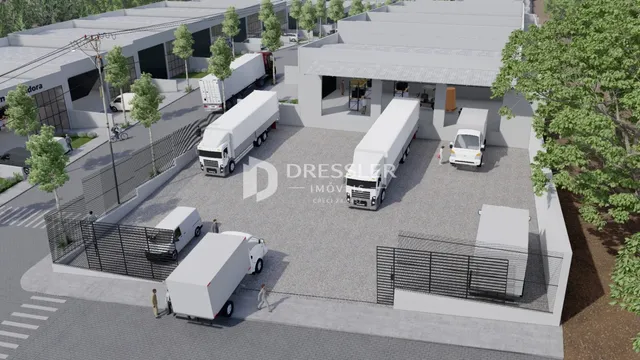 Renderização de uma propriedade externa com caminhões brancos e cercas.