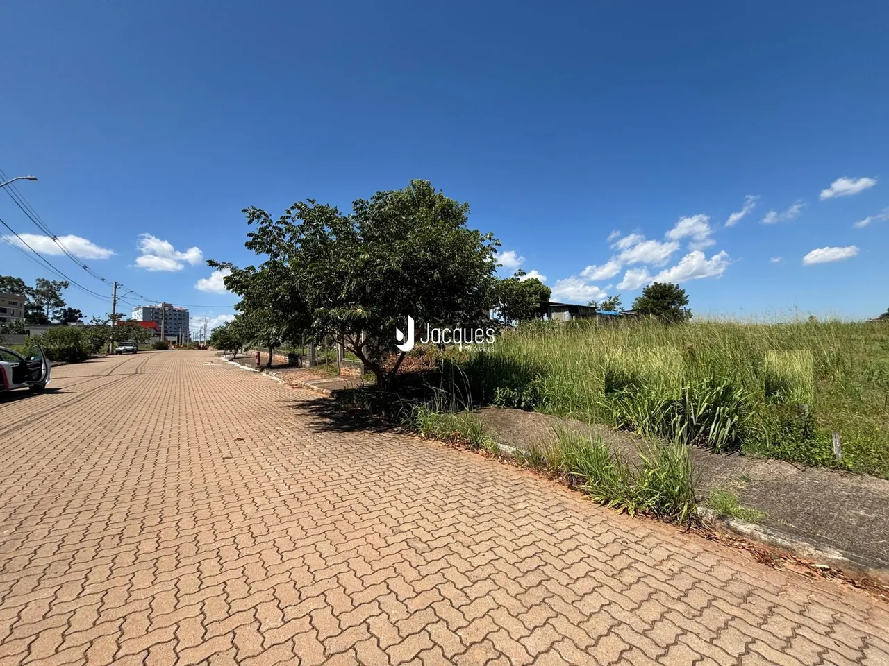Vista da rua pavimentada em Lajeado, Brasil, com vegetação ao lado.