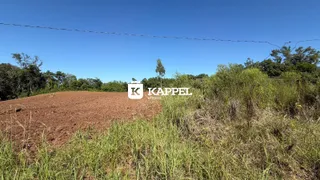 Uma paisagem externa mostrando um campo de terra arada e vegetação alta sob um céu azul.