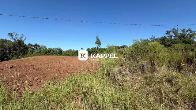 Uma paisagem externa mostrando um campo de terra arada e vegetação alta sob um céu azul.