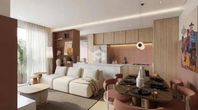 Sala de estar e jantar de um apartamento moderno em Lajeado.