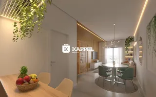 Uma sala de jantar moderna com mesa de madeira e vista para o exterior.