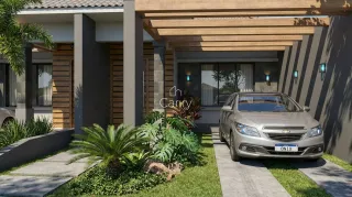 Fachada de uma casa moderna com paisagismo e um carro estacionado na frente.