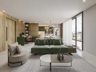 Sala de estar moderna com painéis de madeira e grandes janelas.