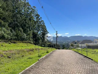 Paisagem de campo com colinas verdes e montanhas ao fundo.