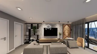 Sala de estar moderna com parede de tijolos e sofá cinza.