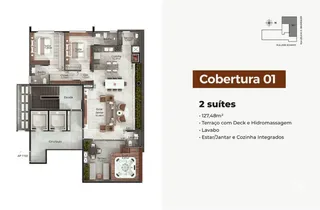 Planta baixa da cobertura 01 com duas suítes em Lajeado.