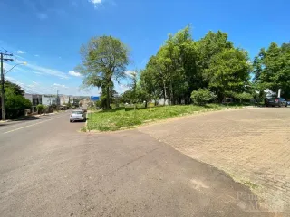 Vista externa de uma rua com árvores e céu azul.