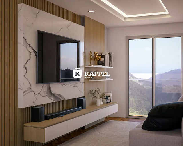 Uma sala de estar moderna com televisão e vista para a paisagem.