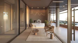Sala de estar moderna com vista para o exterior.