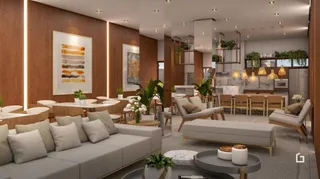 Sala de estar moderna com painéis de madeira e iluminação contemporânea.