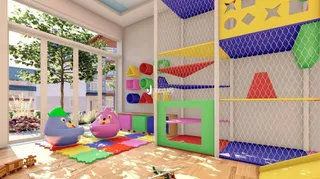 Quarto interno colorido com decoração geométrica em Lajeado.