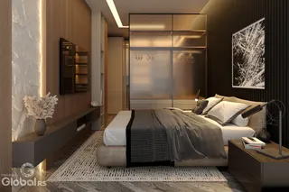 Quarto moderno com cabeceira e decoração em madeira.