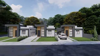 Fachada moderna de uma casa em Lajeado, Brasil, com paisagismo frontal.