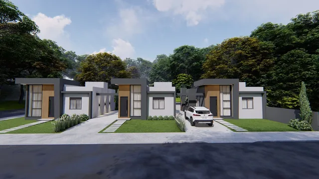 Fachada moderna de uma casa em Lajeado, Brasil, com paisagismo frontal.