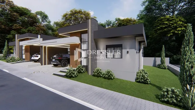 Vista da fachada moderna de uma residência em Lajeado.