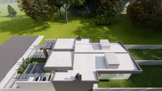 Vista externa de uma casa em renderização com jardim e árvores.