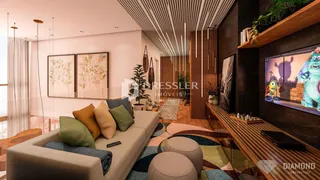 Sala de estar moderna com sofá e decoração de parede em um imóvel no Brasil.