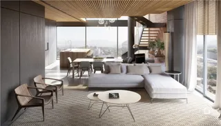 Sala de estar moderna com vista para a paisagem externa.