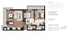 Planta baixa mostrando a distribuição de dois dormitórios com suíte e área de churrasqueira.