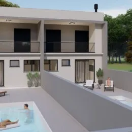 Vista da varanda com área externa e piscina de um imóvel em Lajeado.