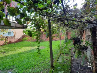 Vista de um jardim lateral com muro de tijolos e vegetação.