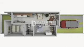 Renderização de um apartamento moderno com cozinha e área de estar.