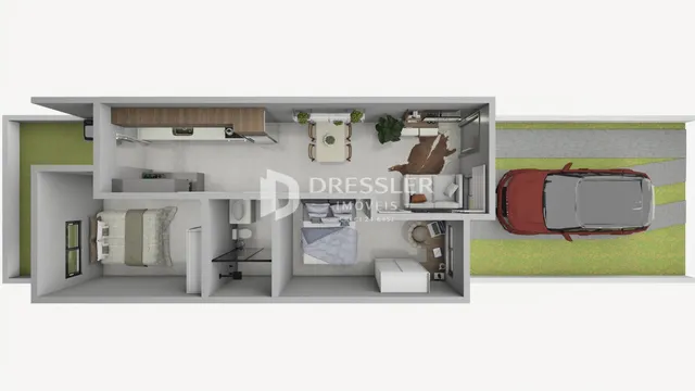 Renderização de um apartamento moderno com cozinha e área de estar.