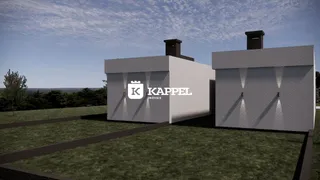 Fachada externa de uma propriedade com dois volumes e logo da imobiliária.