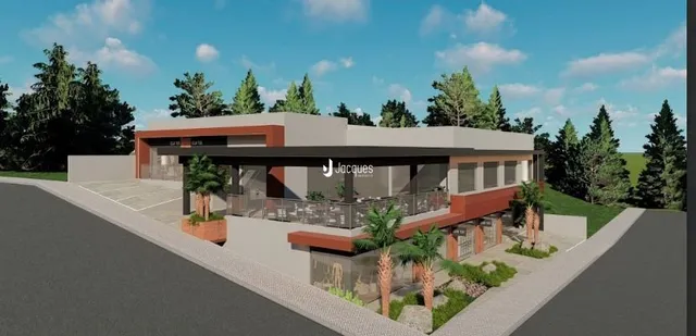 Fachada de uma residência moderna em Lajeado, Brasil, com paisagismo frontal.