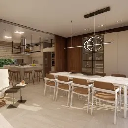 Ambiente interno com mesa de jantar e cadeiras em um imóvel.
